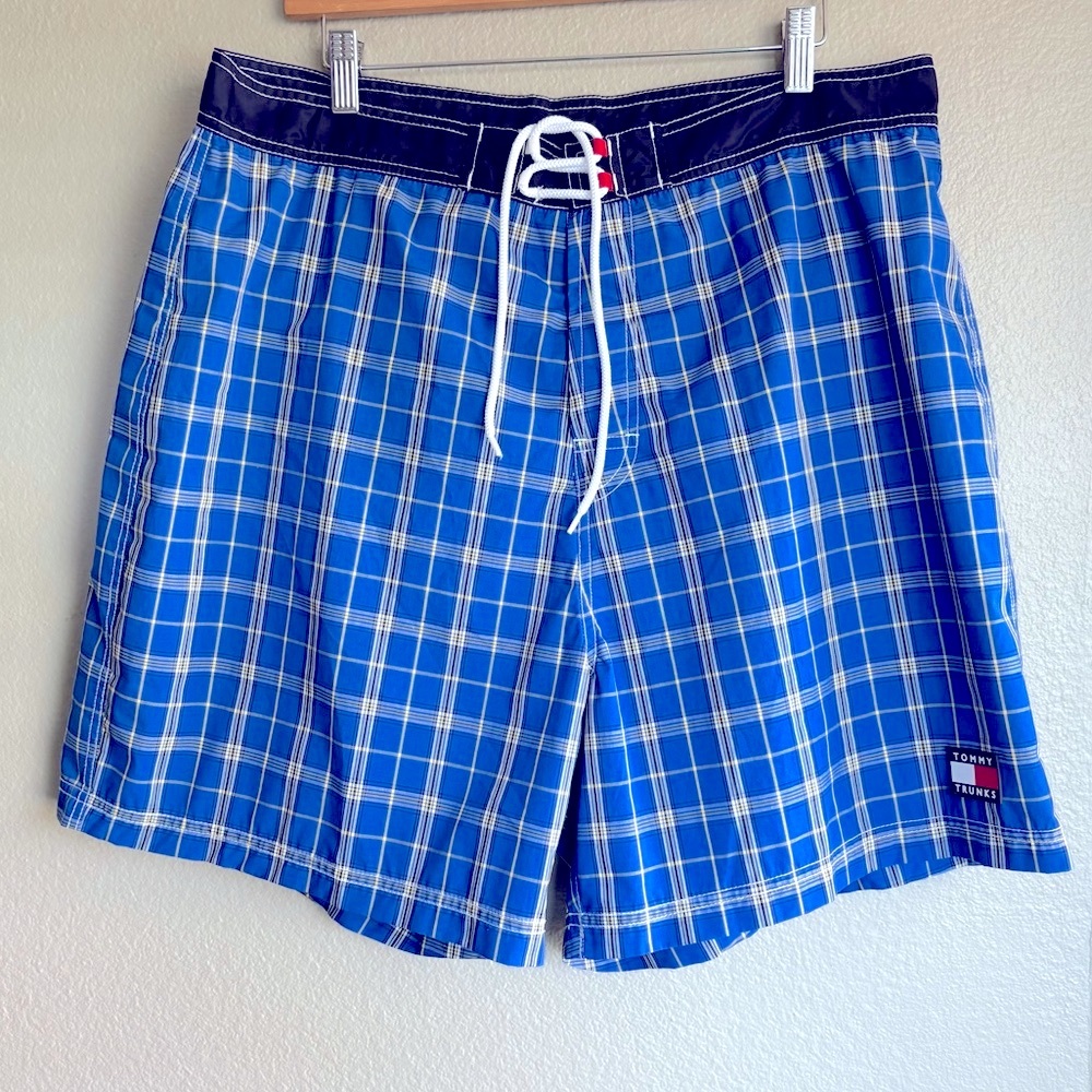 TOMMY HILFIGER Vintage Y2K Men’s Swim Trunks | Royal & Yellow Plaid‎ | XL